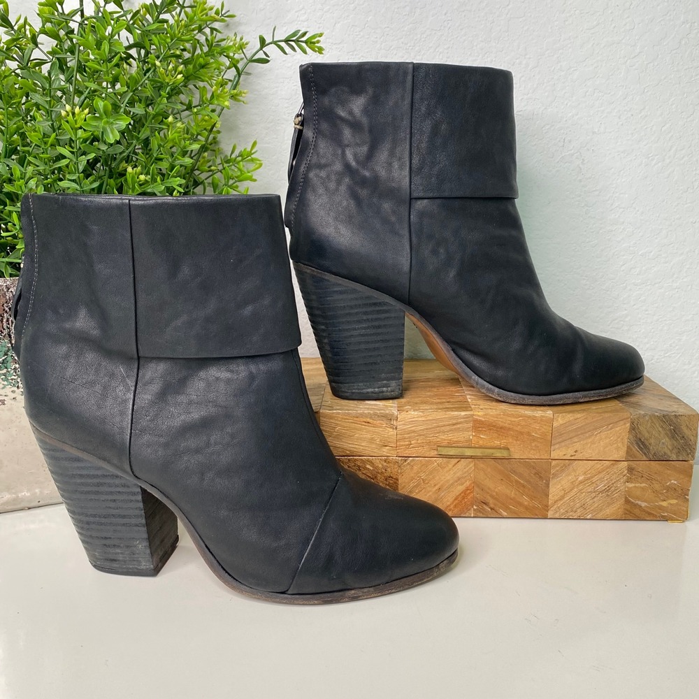 Rag & Bone Newbury Black Leather Cuff Block Heel Ankle Bootsโ Size 40 EU/10 US